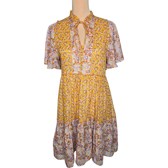 Maje Rissolette‎ Smocked Floral Print Dress Yellow Orange EU34/XS - Picture 2 of 13